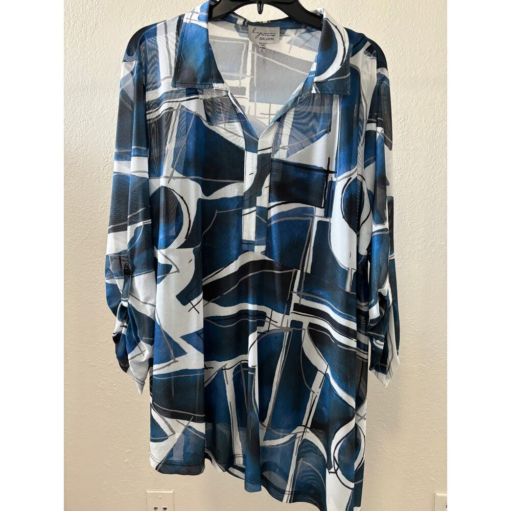 Lynn Ritchie Top Blouse Tunic Asymmetrical Hem Blue